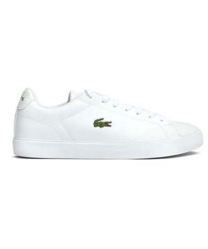 Mens white Lacoste lerond set trainers, manufactured with leather and a rubber sole. Featuring: lacoste branding, padded tongue, ortholite insole and embroidered croc.