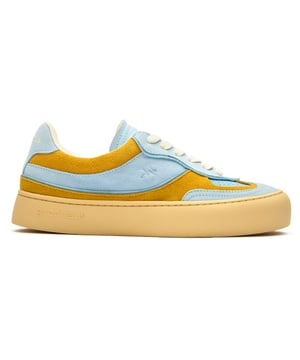 The Good News Lagoon trainers blend effortless style with eco-conscious design in a beautiful blue hue. Crafted from handmade deadstock suede with a distinctive stamped GN motif, these casual court-inspired shoes deliver laid-back sophistication. The chunky organic cotton laces add character, while recycled mesh lining ensures comfort all day. With their rubber sole providing reliable grip, these sustainable trainers prove that responsible fashion can be both chic and practicalâperfect for the environmentally aware woman who refuses to compromise on style.