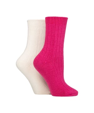 Wildfeet - Ladies 2 Pack Cashmere Bed Socks: In a soft, cosy blend including luxury cashmere, natural wool and viscose, these ladies’ Wildfeet Cashmere Socks are the ideal accompaniment to your day, whether you’re out walking around in the cold or snuggled up at home on the sofa. The mix of wool & viscose (from bamboo) fibres are used to make these socks more practical and durable than cashmere alone, but maintain its breathability, insulating and moisture-managing abilities. They also have a ribbed leg for added comfort, and come as a twin pack, have a medium gauge thickness and are in a crew length, making them a great choice for all your leisure shoes and boots, bringing a little extra luxury and comfort to your every outfit. These two pairs of Wildfeet Cashmere Socks come attractively wrapped with a satin ribbon bow, which makes them ideal for gifting to friends or family. . Wild Feet is a range of socks featuring cool designs, bold colours and quirky catchphrases - from pugs and penguins, to lions and llamas! . There are 14 colours to choose from. They come in one size Ladies 4-8 UK, are made from 37% Wool, 27% Viscose, 24% Polyamide, 11% Cashmere, 1% Elastane and are machine washable. Extra Product Details: Ladies Wildfeet Bed Socks Wool & Cashmere Blend Fibres 14 Great Colour Options Made For Relaxing Ribbed Legs 2 Pairs Per Pack A Great Gift Idea The Ideal Stocking Filler