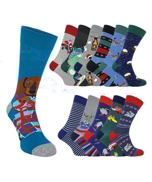 Wildfeet - Men’s 12 Days Advent Calendar Socks In Xmas Gift Box: Make every day of the Christmas season special with the Wild Feet Advent Calendar, featuring a delightful surprise behind every door. Each day reveals a unique pair of men's cotton socks, expertly crafted with funky and colourful festive designs that are sure to add a touch of Christmas magic to your outfit. This boxed gift set contains 12 pairs of superb men’s cotton socks, each featuring a unique and funky festive pattern that will bring a touch of Christmas cheer to your wardrobe. From penguins to Santa on a bike, every sock in this set offers a mix of fun and classic Christmas styles that can be enjoyed all season long. Available in a crew length, using a smooth and fine cotton-rich blend that ensures optimal comfort, softness, and breathability. So whether you're looking for a fun and festive way to countdown to Christmas or searching for the perfect gift for a loved one, the Wild Feet Advent Calendar has got you covered. . There are 12 designs per pack including: Santa on a bike, Penguins, Xmas puddings and more. They come in one size Men’s 6-11 UK, are made from 62% Cotton 31% Polyamide 5% Polyester 2% Elastane and are machine washable. Extra Product Details: Men’s Wildfeet Xmas Socks Funky Festive Designs Cotton Rich Fibres 12 Pairs Per Pack Comes In Gift Box Made For Christmas A Perfect Gift Idea The Ideal Stocking Filler
