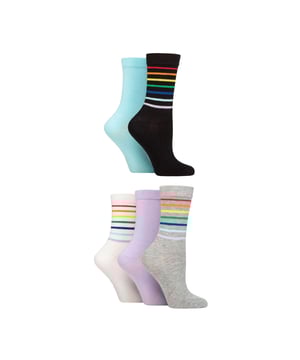 Wildfeet - 5 Pack Ladies Jacquard Patterned Crew Socks: Fill up the gaps in your sock drawer with the bright colour and fun of these Wildfeet Patterned Bamboo Socks. Each pack gives you five pairs of these smooth, fine gauge ladies’ bamboo rich socks, in a mix of colours and playful patterns for casual wear. Ideal for everyone, and especially anyone with delicate or sensitive skin, these bamboo socks are silky to the touch, super-soft and gentle. Perfect for everyday wear, keeping feet smooth and comfortable. Wild Feet is a range of socks featuring cool designs, bold colours and quirky catchphrases - from pugs and penguins, to lions and llamas! Choose from a range of styles for men and ladies, from dress to trainer socks. There are even some sporty styles available!. These socks are available in 5 Patterns: Leopard, Flowers, Spots, Rainbow or Dots. They come in one size: Ladies 4-8 UK, are made from 70% Viscose (from Bamboo), 28% Polyester, 2% Elastane and are machine washable. Extra Product Details: Ladies Wildfeet Socks Crew Style Bamboo Rich Fibres 5 Pairs Per Pack Great For Sensitive Skin Perfect For Everyday 5 Pattern Options Moisture Wicking Soft & Breathable One Size: 4-8 UK Machine Washable