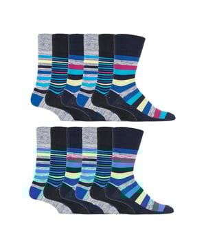 Gentle Grip - Mens 12 Value Pack Non Elastic Patterned Socks: If you're searching for a way to liven up your wardrobe and inject a burst of vibrancy, then these Gentle Grip Socks are just what you need. With loads of designs to choose from, like Plain, Argyle, Colourburst, Heel & Toe, and more. These socks are the perfect way to add personality to any outfit, while also providing the comfort and quality that Gentle Grip is known for. Indulge in luxurious comfort with Gentle Grip, crafted from premium quality cotton-rich yarn that feels as good as it looks. These socks are carefully designed to provide a superior fit that hugs your legs without causing any discomfort or unsightly constriction rings. The high-quality construction of these socks is built to last, ensuring that you can enjoy their softness and comfort for years to come. . These are available in 2 sizes: 6-11 UK & 12-14 UK, come in a range of great patterns and are a 12 pair value pack. They are made from: 76% Cotton, 19% Polyester, 3% Nylon, 2% Elastane and are Machine Washable. Extra Product Details: Men’s Gentle Grip Socks 12 Pair Value Pack Classic & Funky Patterns Bright Colour Options Non Elastic Top Soft Cotton Rich Fibres Soft Honeycomb Top Helps Aid Circulation Constructed With Care Over 20 Different Styles Available in 6-11 UK & 12-14 UK Machine Washable