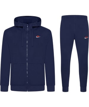 Layer up in this men's Foundation Tracksuit from Nike. In a Midnight Navy colourway,, this matching set includes a full zip hoodie and standard fit joggers, both made from soft brushed fleece for all-day comfort. The hoodie features an adjustable drawstring hood, full-zip fastening, ribbed trims, and a split kangaroo pocket for essential storage. The joggers come with an elastic waistband and adjustable drawcord for a custom fit, ribbed ankle cuffs to maintain shape, and side pockets for convenience. Finished with signature Nike Swoosh embroidery to the chest and thigh for a classic look.