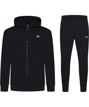 Layer up in this men's Foundation Tracksuit from Nike. In a Black colourway, this matching set includes a full zip hoodie and standard fit joggers, both made from soft brushed fleece for all-day comfort. The hoodie features an adjustable drawstring hood, full-zip fastening, ribbed trims, and a split kangaroo pocket for essential storage. The joggers come with an elastic waistband and adjustable drawcord for a custom fit, ribbed ankle cuffs to maintain shape, and side pockets for convenience. Finished with signature Nike Swoosh embroidery to the chest and thigh for a classic look.