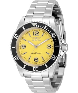 El Invicta 49345 tiene una caja de acero inoxidable de 40 millimetros con una esfera amarilla.
Esta modelo funciona con un movimiento de Cuarzo preciso.
Resistencia a la presión de aqua de 5 bares.
Este modelo es parte de la colección Invicta Specialty.

2 años de garantía Invicta.