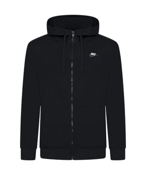 Layer up in this men's Foundation Full Zip Hoodie from Nike.  In a Black colourway, this relaxed-fit hoodie is made with soft brushed fleece for lasting comfort. It features a full-zip fastening with an adjustable drawstring through the hood for cosy coverage. It has stretchy ribbed trims to secure the fit, and a split kangaroo pocket up front to stash your essentials. Finished with signature Nike branding embroidered to the chest.