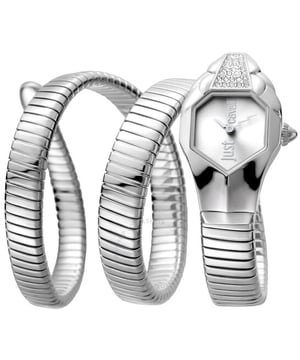 Zilverkleurige roestvrijstalen kast en armband. Vaste zilverkleurige roestvrijstalen bezel. Grijze wijzerplaat met zilverkleurige wijzers. Wijzerplaattype: Analoog. Kwartshorloge. Krasbestendig mineraalglas. Ronde kastvorm, kastgrootte: 22 mm, kastdikte: 8 mm. Bandbreedte: 10 mm, bandlengte: 19 cm. Waterdicht tot 3 meter / 10 voet. Functies: uur, minuut. Snake Series. Modieuze horstijl. Just Cavalli Snake Quartz Grijze Wijzerplaat Dameshorloge JC1L022M0055.