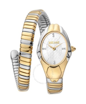Silver-tone stainless steel case with a multi-color stainless steel bracelet. Fixed yellow gold-tone stainless steel bezel. White dial with yellow gold-tone hands and index hour markers. Dial Type: Analog. Quartz movement. Scratch resistant mineral crystal. Round case shape, case size: 22 mm, case thickness: 8 mm. Band width: 10 mm, band length: 7.5 inches. Water resistant at 3 meters / 10 feet. Functions: hour, minute. Snake Series. Fashion watch style. Just Cavalli Snake White Dial Ladies Watch JC1L182M0025.