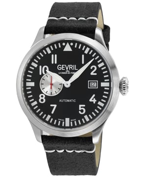 Gevril Men's Vaughn  SS Case,SS Bezel Black/White Dial, Black Handmade Italian Leather Strap.