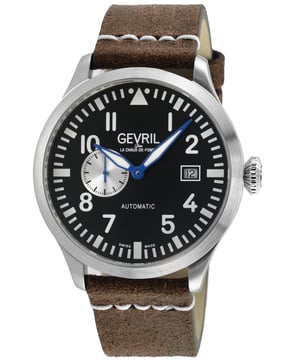 Gevril Men's Vaughn  SS Case,SS Bezel Black/White Dial, Brown Handmade Italian Leather Strap.