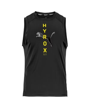 Built for the relentless, the Puma x HYROX Fit Men’s Black Tank Top is designed to power you through the toughest hybrid fitness challenges. Created in collaboration with HYROX, the global fitness race that fuses endurance and strength, this tank is engineered for mobility, moisture management, and race-day performance.
Key Features
HYROX x Puma Co-Branded Design

Features bold HYROX and Puma branding, representing elite functional fitness and competitive grit.

Lightweight Triblend Fabric

A premium blend of polyester, cotton, and viscose offers softness, stretch, and durability for all-day comfort — from warm-up to cooldown.

Moisture-Wicking Performance

Keeps you dry during intense sessions thanks to fabric that draws sweat away from the body.

Sleeveless Athletic Cut

Deep-cut armholes and a relaxed fit offer unrestricted movement for dynamic exercises like sled pushes, burpees, and wall balls.

Crew Neckline

Reinforced collar with soft trim ensures comfort and retains shape through repeated use.

Minimalist Aesthetic with Performance Edge

Matte black base with subtle or bold logo placement (varies by edition), delivering a focused, powerful look.

Ideal for High-Performance Training

Whether you're competing, conditioning, or cross-training, this tank is built to move with you and keep pace with your intensity.