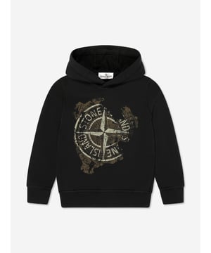 Stone Island incorporate passion and eco-friendly properties into their sustainable, everyday pieces. This boys black hoodie is engineered in beautiful high quality cotton. It showcases a grungy compass print in the centre with a classic hood and logo print. Logo Print to the Front Long Sleeves Ribbed Trims 100 Cotton