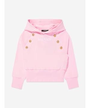 Balmain embody distinctive Parisian sensibilities in their immaculate designs. This girls pink hoodie is reflective of the label's passion for raw innovation. Made in the finest cotton jersey with gold embellished buttons and Balmain Paris embroidered print. Ribbed HemCuffs 100 Cotton Trim 95 Cotton, 5 Elastane Embroidery 100 Polyester