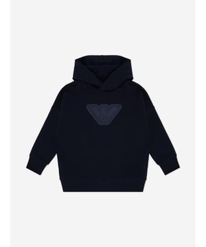 Emporio Armani's sophisticated construction and minimalist style is embodied in this boys blue navy hoodie. Woven in a beautiful cotton combination. It is embellished with matching oversized front logo. Long Sleeves Fabric 83 Cotton, 14 Polyester, 3 Elastane Rib Details 98 Cotton, 2 Elastane Lining 100 Cotton