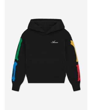 Amiri incorporate streetwear with the rock aesthetic through a new luxurious perspective. This unisex black bones hoodie is woven in the finest high quality cotton. It features multicoloured X-Ray inspired bone print down the arms with a logo print at the chest. There is a front pouch pocket to provide comfort and wearability. Totally Californian and memorable. Made in Italy Ribbed Trim Cotton 100