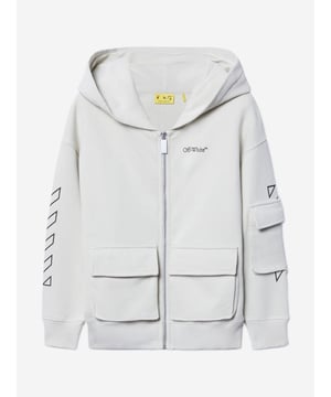 Off-White take inspiration from utilitarian abstracts. This boys grey hoodie is woven in beautiful high quality cotton with pockets and a distinctive logo print at the chest. Front Zip Fastening Two Side Flap Pockets Cotton 100