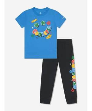 Converse incorporate authentic streetwear with fresh utilitarian perspectives. This boys black trouser set is reflective of the label's passion for innovative and vintage-inspired wear. Crafted in beautiful soft cotton, both pieces are adorned with Smiley face multicoloured brand statement print detailing. Two Piece Set T-Shirt Soft Cotton, Round Neck, Short Sleeves, 60 Cotton, 40 Polyester Joggers Soft Cotton, Ribbed Cuffs, 60 Cotton, 40 Polyester
