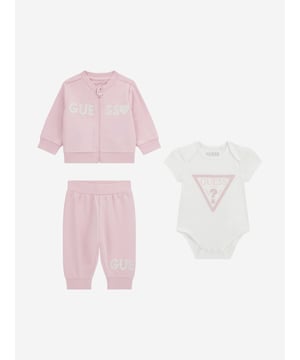 Introducing the exquisite Baby Girls 3 Piece Tracksuit Set in Pink from Guess the epitome of style and comfort for SS2025. Perfectly crafted for your cherished little one, this set ensures they stay at the forefront of baby fashion. Key features include Designer Elegance Signature Guess style in a vibrant pink shade. Luxurious Comfort Soft, premium fabric that pampers delicate skin. Versatile Ensemble Includes matching jacket, top, and joggers. Elevate her wardrobe with timeless sophistication an essential for the playful, stylish set.