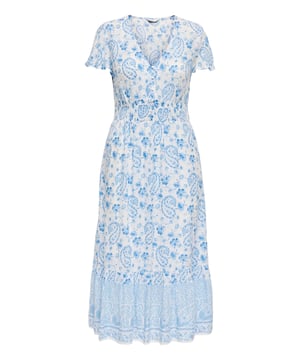 Dieses knöchellange Sommerkleid verbindet verspielten Charme mit angenehmem Tragekomfort. Die kurzen Ärmel und der feminine V-Ausschnitt mit durchgehender Knopfleiste sorgen für einen leichten, sommerlichen Look. Das gesmokte Detail im Oberteil passt sich bequem an und betont die Silhouette auf angenehme Weise. Ein zarter Rollsaum sowie dezente Label-Details ergänzen das Design. Der mehrlagige, blickdichte Stoff fällt locker und macht das Kleid zum perfekten Begleiter für warme Tage.