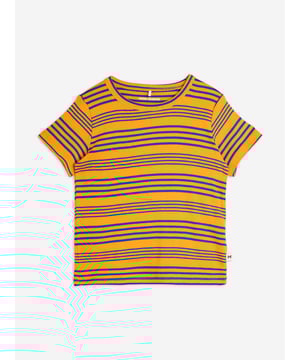 Mini Rodini combine eco-friendly materials with vibrant imaginings to create fun and unforgettable aesthetics. This unisex orange stripe short sleeve t-shirt is woven in beautiful organic knit cotton. With a round neckline and snug fit, they will embody unparalleled style. 100 Organic Knit Cotton, GOTS Certified