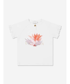 German heritage luxury label Escada combine modern innovation with timeless elegance. This girls bright white t-shirt is a captivating construction. It features the iconic motif in a glitter effect with press-stud fastenings. Round Collar Short Sleeves Straight Hem 95 Cotton, 5 Elastane