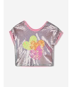 Billieblush incorporate high quality detailing and an advanced outlook on contemporary designs. This girls lame silver short sleeve t-shirt is a spellbinding construction to adore. It features an adorable heart motif and delicate pink trims. Perfect for SS25 events. Round Neckline 100 Sequins Base 100 Polyester