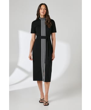 Striking vertical stripe trim detail along the front and back for a contemporary silhouette
        Elegant column midi design with a flattering streamlined shape
        Sophisticated crew neckline with contrasting stripe detail
        Short sleeves offering versatile wear throughout the seasons
        Defined waistline that accentuates your natural shape
    
    This Principles column midi dress combines timeless elegance with modern design elements. The distinctive vertical stripe trim creates a lengthening effect whilst adding visual interest to the classic silhouette. Perfect for daytime engagements, style with flat sandals and a structured tote for family gatherings or weekend brunches. For a more polished look, pair with ballet flats and a cropped denim jacket. The stretchy woven fabric ensures comfort throughout the day whilst maintaining its shape. This versatile piece transitions effortlessly from office to casual outings-simply switch your accessories to refresh your look. A wardrobe essential that offers both comfort and sophistication for everyday wear.