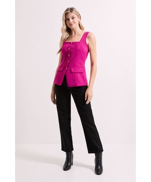Sleek longline waistcoat with elegant square neckline
        Stylish button-through front with decorative metallic buttons
        Practical front patch pockets for added functionality
        Flattering regular fit with structured woven fabric
        Versatile sleeveless design perfect for layering
    
    This sophisticated longline waistcoat from Dorothy Perkins offers endless styling possibilities for your daywear wardrobe. The structured silhouette creates a polished look while maintaining comfort for all-day wear. Style with dark denim trousers and ballet flats for weekend brunches with friends, or layer over a fitted long-sleeve top when meeting for coffee. The versatile design works beautifully with both casual and smart-casual ensembles-pair with wide-leg trousers and minimal jewellery for family gatherings, or throw over a simple tee with trainers for a contemporary twist on everyday style. The square neckline frames the dcolletage beautifully without revealing too much, making this waistcoat the perfect choice for the fashion-conscious woman who values both trend and tasteful coverage.