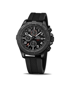 Waar industrieel vintage luchtvaart ontmoet, dat is waar het bij de Rotorcraft Centurion horlogeserie om draait. Dit zeer elegante Rotorcraft Centurion RC1102 Multifunction Dual time horloge is gemaakt van de allerbeste materialen. Met een mat geborstelde kast, met vintage luchtvaart details op de wijzerplaat en bezel, is gemaakt van roestvrij staal in zwart en zwarte band gemaakt van hars, dit horloge is een zeer coole maar toch stijlvolle combinatie om naar te kijken. De Centurion RC1102 heeft niet alleen een aparte dag- en datumaanduiding, maar ook een tweede tijd- en 24-uursaanduiding. Deze zijn te vinden op de unieke zwarte wijzerplaat met zonnestraalmotief dat doorloopt op de lunette. Het uurwerk wordt aangedreven door een Miyota JP15 Quartz Kaliber. Dit horloge heeft niet alleen een Japans uurwerk maar wordt ook in Japan gemaakt door getalenteerde vakmensen. Interessante details op dit Centurion Rotorcraft-horloge zijn de vintage Arabische cijfers die op het horloge worden gebruikt, de pushers en de kroon die op het horloge worden gebruikt, zijn groot en diep. Het glas dat in dit opvallende model wordt gebruikt, is mineraal glas. Dit Rotorcraft Centurion multifunctionele dual time horloge heeft een waterdichtheid van 5 ATM of 50 meter, dus geschikt voor handen wassen en zwemmen als er geen grote temperatuurschommelingen optreden. Niet geschikt om te snorkelen.     Merk: RotorcraftModelnaam: Centurion RC1102Categorie: heren horlogeMaterialen: edelstaal, harsKleur: zwart