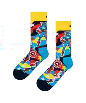 Happy Socks - Marvel Captain America Crew Socks: Step into the world of Marvel with the Captain America Crew Sock, a perfect tribute to the iconic superhero. Featuring a bold design inspired by Captain America’s shield, these socks are a must-have for Marvel fans. Crafted from a comfortable blend of organic cotton, polyamide, and elastane, they offer a snug fit that ensures all-day comfort. The reinforced heel and toe provide added durability, making them perfect for everyday wear. Whether you’re heading to the gym, running errands, or just lounging at home, these socks are designed to keep your feet cozy while showcasing your Marvel pride. Available in size 6-11, they offer a versatile fit for most foot sizes. . These Captain America socks are more than just a practical accessory—they’re a statement piece for Marvel enthusiasts. Add them to your collection or gift them to a fellow superhero fan. Perfect for any occasion, they combine comfort, style, and a love for Marvel heroes. Extra Product Details: Material: 73% Cotton, 25% Polyamide, 2% Elastane Size: 6-11 Design: Captain America shield theme Reinforced heel & toe for durability Care: Machine washable Ideal for: Marvel fans and superhero lovers. Embrace your Marvel spirit with these durable, stylish, and comfortable socks, perfect for everyday wear and a great addition to any Marvel collection!