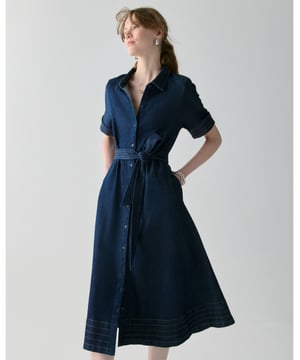 Denim Trapunto Belted Midi Shirtdress, Denim Trapunto Midi Shirtdress