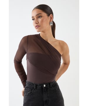 Striking one-shoulder design for a bold, asymmetric look
        Sheer mesh long sleeve adds allure and intrigue
        Figure-hugging bodysuit silhouette for a sleek fit
        Versatile piece that can be dressed up or down
        Perfect for making a statement on nights out
    
    Make heads turn in this daring mesh one-shoulder bodysuit from MissPap. The asymmetric neckline and sheer long sleeve create a captivating contrast, while the form-fitting silhouette accentuates your curves. For a night out on the town, pair it with high-waisted wide-leg jeans and statement heels to create a look that's both edgy and chic. Add some sparkle with bold earrings and a metallic clutch. When it's time to hit the dance floor, swap the jeans for a sleek mini skirt and strappy sandals. This versatile piece can also be layered under a blazer for a more sophisticated ensemble. Whether you're heading to a trendy bar or a pulsing nightclub, this bodysuit ensures you'll be the centre of attention all night long.
