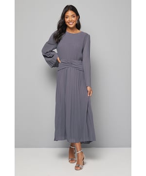 Elegant pleated midi dress with dramatic flare sleeves for sophisticated movement
        Flattering waist detail with wrap-effect design that accentuates your silhouette
        Delicate keyhole back fastening adds a subtle touch of refinement
        Fully lined for comfort and a smooth drape against the skin
        Pleated skirt creates graceful movement with every step
    
    This exquisitely crafted Wallis midi dress combines timeless elegance with contemporary design elements. The standout flare sleeves create a dramatic silhouette whilst the pleated texture throughout adds dimension and sophistication. The wrap-effect waist detail cleverly defines your figure, creating a flattering hourglass shape. Perfect for formal occasions, style with metallic strappy heels as shown and statement earrings for weddings or race day events. For evening affairs, complement with a structured clutch and delicate bracelet. The versatile crew neckline works beautifully with an elegant updo to showcase the dress's refined details. The midi length offers the perfect balance of formality and comfort, allowing you to move gracefully throughout any special occasion whilst maintaining a polished appearance.