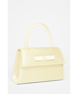 - Satin finish - Small bow detail - Top handle style - Clasp closure - Excluding trims