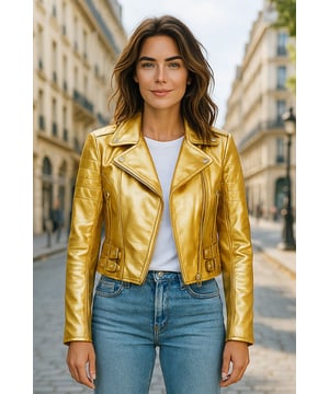 Disfrute de un lujo elegante con esta chaqueta de cuero estilo Brando. Confeccionada en napa de cordero ultrasuave y forrada con satén premium, combina la atemporal actitud motera con la elegancia moderna. Sus sofisticados detalles y su silueta favorecedora la convierten en una prenda esencial y versátil para cualquier armario vanguardista. Características principales: Napa de cordero suave y flexible. Forro interior de poliéster premium para mayor comodidad. Corte corto para un look chic y favorecedor. Solapa con muesca clásica estilo Brando. Cierre frontal descentrado con cremallera YKK. Elegantes hombros acolchados para un toque distintivo. Dos bolsillos exteriores verticales con cremallera. Puños con cremallera: remánguelos para un look personalizado. Cinturones laterales ajustables con hebilla para un ajuste a medida.