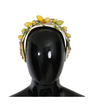Brand: Dolce & Gabbana
  Headband diadem tiara
  Color: Yellow and white multicolor
  Motive: Lemons Sicily
  Material: 40% Cotton 20% Crystal 40% Brass
  Crystals: Orange
  Perfect for women