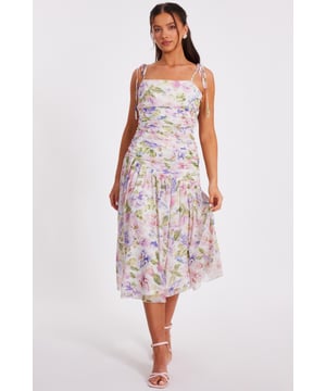 - Chiffon finish - Floral print - Ruched bodice - Drop waist look - Asymmetric waistline - Tie straps - Model height: 5'3" - Model wears uk 8 / us 4 / eur 36 - Always check the wash care label - Cool hand wash with mild detergent