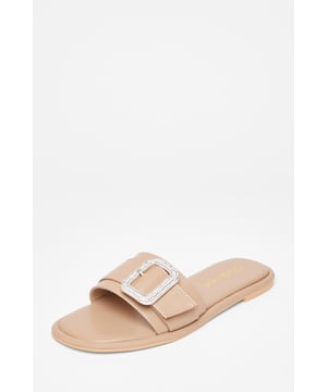 - Faux leather finish - Diamante embellished buckle - Flat sandals - Open toe - Excluding trims - Wipe clean