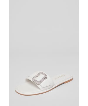 - Faux leather finish - Diamante embellished buckle - Flat sandals - Open toe - Excluding trims - Wipe clean