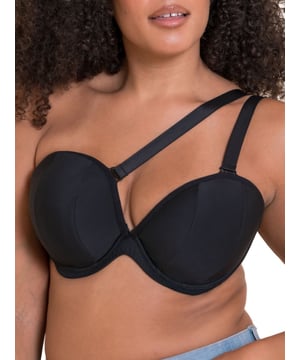 Curvy Kate Superhero Plunge Multiway Bra. Multiway bra with a low plunge, foam lined padded cups, swan hook back band with an adjustable slider, multiway straps that can be positioned in mumerous ways due to the eyeletted top cup and a low back extender to lower the band by 1-2 inches. The product is recommended for hand wash only.
