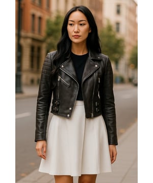 Geniet van strakke luxe met dit cropped leren jack in Brando-stijl. Gemaakt van ultrazacht lamsnappaleer en gevoerd met premium satijn, combineert het een tijdloze biker-attitude met moderne elegantie. Verfijnde details en een flatterend silhouet maken het een veelzijdige essential voor elke modebewuste garderobe. Belangrijkste kenmerken: Zacht en soepel lamsnappaleer Premium polyester binnenvoering voor comfort Cropped fit voor een chique, flatterende look Klassieke Brando-stijl revers met inkeping Asymmetrische YKK-ritssluiting aan de voorkant Stijlvolle gewatteerde schouders voor een onderscheidende look 2 verlengde verticale ritszakken aan de buitenkant Manchetten met rits - rol ze op voor een persoonlijke look Met gespen verstelbare zijriemen voor een getailleerde pasvorm