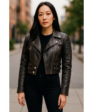 Gönnen Sie sich eleganten Luxus mit dieser kurzen Lederjacke im Brando-Stil. Sie ist aus ultraweichem Lammnappaleder gefertigt und mit hochwertigem Satin gefüttert. Sie verbindet zeitlosen Biker-Look mit moderner Eleganz. Anspruchsvolle Details und eine schmeichelhafte Silhouette machen sie zu einem vielseitigen Basic für jede modebewusste Garderobe. Wichtige Eigenschaften: Weiches und geschmeidiges Lammnappaleder Innenfutter aus hochwertigem Polyester für mehr Komfort Kurze Passform für einen schicken, schmeichelhaften Look Klassisches Revers im Brando-Stil Dezentrierter YKK-Reißverschluss vorne Stilvoll gesteppte Schultern für eine unverwechselbare Note 2 verlängerte vertikale Außentaschen mit Reißverschluss Ärmelbündchen mit Reißverschluss – krempeln Sie sie hoch für einen individuellen Look Seitliche Gürtel mit Schnallenverstellung für eine maßgeschneiderte Passform