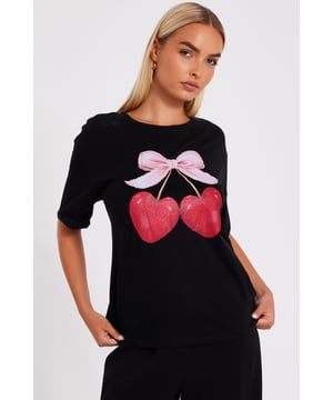 - Bow cherry graphic - Boxy fit - Longline - Short sleeves - Model height: 5'7" - Model wears uk 8 / us 4 / eur 36 - Always check the wash care label - Cool hand wash with mild detergent