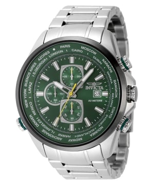 El Invicta 49078 tiene una caja de acero inoxidable de 50 millimetros con una esfera verde.
Esta modelo funciona con un movimiento de Cuarzo preciso.
Resistencia a la presión de aqua de 5 bares.
Este modelo es parte de la colección Invicta Aviator.

2 años de garantía Invicta.