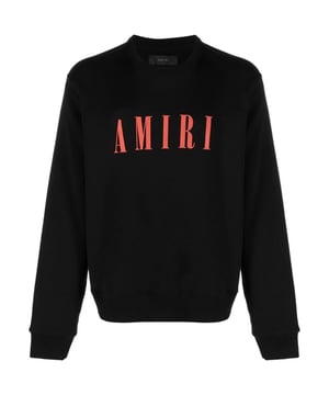 Zwart Amiri-sweatshirt, normale pasvorm, maat valt normaal, 100% katoen, gemaakt in Italie, geribbelde mouwen en taille-uiteinden, rood logo, zwarte trui, streetwear