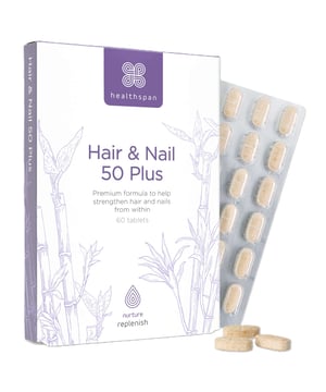 Discover Healthspan Replenish Hair & Nail Tablets, specially formulated for women over 50. These premium supplements support strong, healthy hair and nails, combating the effects of menopause. Packed with innovative ingredients like soy isoflavones, coenzyme Q10, and natural extracts of grape seed and bamboo, they provide essential beauty micronutrients such as biotin, selenium, and zinc. Each convenient daily tablet helps replenish your beauty from within, ensuring glossy hair and resilient nails. Take charge of your beauty routine with Healthspan's expert formulation.
