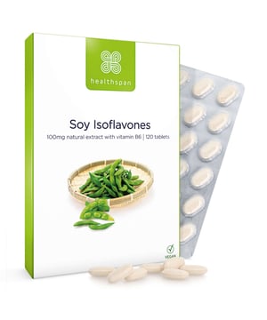 Discover the benefits of Healthspan Soy Isoflavones Tablets, a source of natural plant oestrogen for menopausal support. Each vegan tablet contains 100 mg of high-quality soy extract, with 40% isoflavones. Enhanced with Vitamin B6, these tablets promote hormonal balance. Soya has been a staple since 1100 BC, offering a convenient way to boost intake. Take one to two tablets daily with water. Consult a healthcare professional before use, especially if pregnant or on medication.