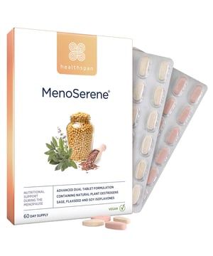 Discover Healthspan MenoSerene®, a unique menopause support solution specifically formulated for women. This dual tablet system includes a pink multivitamin packed with essential nutrients like calcium, magnesium, and vitamin D to promote bone health, alongside a brown tablet that combines powerful plant oestrogens from sage, flaxseed, and soy isoflavones to help balance hormones. With added vitamin B6 for hormonal regulation, this supplement addresses common menopause symptoms such as hot flushes and night sweats. Simply take one pink and one brown tablet daily with water for optimal results. Always consult a healthcare professional if you're pregnant, breastfeeding, or on medication. Store in a cool, dry place, out of reach of children.