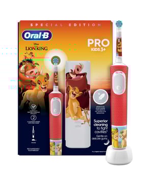 Introducing the Oral-B Disney Kids Lion King Electric Toothbrush for children aged 3 and above. This dentist-recommended toothbrush features two modes, including a gentle sensitive mode. Its round brush head is designed for small mouths, ensuring a thorough clean while being gentle on gums with extra soft bristles. Customize the handle with four fun Lion King-themed stickers. Compatible with the Disney Magic Timer app, this rechargeable toothbrush promises long-lasting battery life. Content includes 1 Pro Kids handle, 1 charger, and 1 brush head.