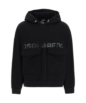 Dsquared2 zwarte hoodie, 100% katoen, elastische mouwuiteinden en onderkant, gemaakt in Italie, grote zakken met klepsluiting op de borst, gemaakt in Italie